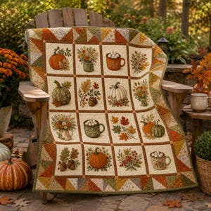 May include: A quilted throw blanket featuring a grid of square panels with autumn-themed illustrations including pumpkins, mugs of hot cocoa, fall foliage, and acorns in shades of orange, brown, green, and cream, finished with a triangular border.