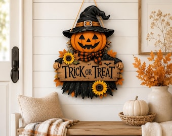 Halloween Pumpkin Scarecrow Door Hanger, Fall Sunflower Porch Sign