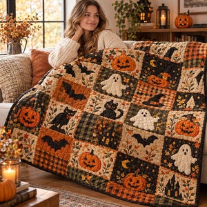 Halloween-lapptäcke, vintagepumpa-spökepläd, mysigt höstsängkläder, läskig säsongsdekor, höstinflyttningspresent