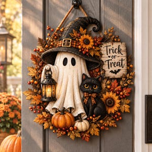 May include: A Halloween wreath featuring a white ghost wearing a black witch hat, a black cat with a plaid bow, and a lantern. The wreath is decorated with orange sunflowers, autumn leaves, berries, and pumpkins, with a sign reading Trick or Treat.