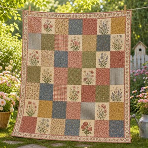 May include: A patchwork quilt featuring a grid of square fabric panels in muted tones of blue, green, yellow, and red. The squares alternate between floral patterns, solid colours, and striped designs, all framed by a floral border.
