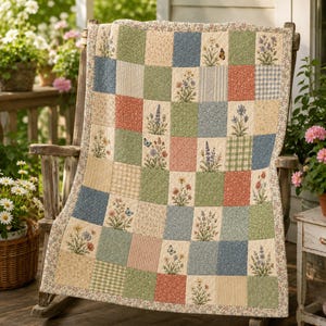Puede incluir: Una colcha de patchwork con una cuadrícula de cuadrados con estampados florales, ilustraciones botánicas de flores silvestres y mariposas en tonos azul, verde, rosa y crema, terminada con un borde floral estrecho en los extremos.