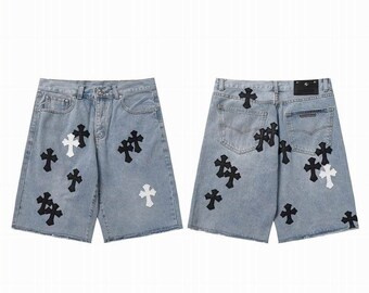 Custom Chrome Hearts Light Wash Denim Shorts - Men's Cross Patch Denim Shorts | Blue Streetwear Jean Shorts | Urban Fashion Summer Shorts