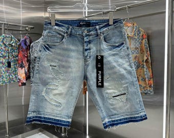 Purple Brand Jean Shorts - Men's Distressed Denim Shorts | Streetwear Jean Shorts | Summer Shorts for Men | Trendy Fashion | Ripped Shorts