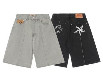 Pantalones cortos vaqueros holgados Corteiz - Pantalones cortos vaqueros holgados para hombre / Pantalones cortos vaqueros de estilo urbano / Moda de lujo / Pantalones cortos vaqueros de estilo urbano en negro y gris / Y2K