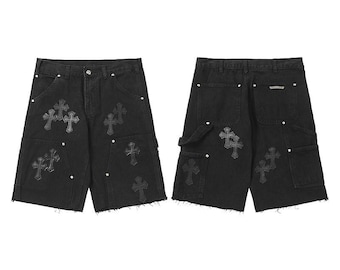 Custom Chrome Hearts Black Denim Shorts - Men's Cross Patch Denim Shorts | Black Streetwear Cargo Jean Shorts | Urban Fashion Summer Shorts