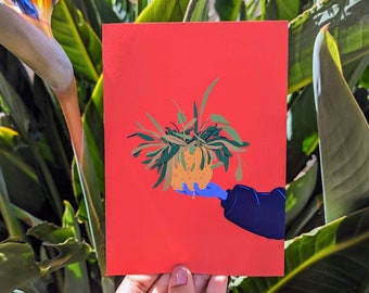 Hand and Plant Against Red | 5x7 Art Print | Bold Illustration | Wall Decor