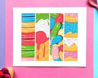 Collage of Sweets Illustration | 10x8 Art Print | Macarons | Ice Cream | Sour Gummy Worms | Donuts | Dessert | Pastel Colors |Wall Decor