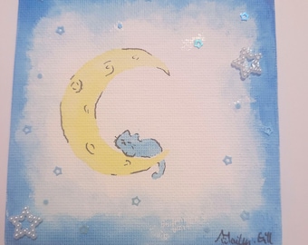 Mini cuadro de un gato azul soñoliento en la luna