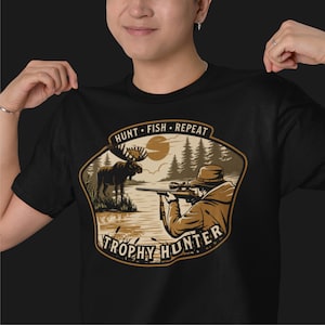Trophy Hunter Shirt, Hunt Fish Repeat Hunting Tee, Moose Hunting Shirt, Big Game Hunter Gift, Vintage Outdoor Hunting T-Shirt