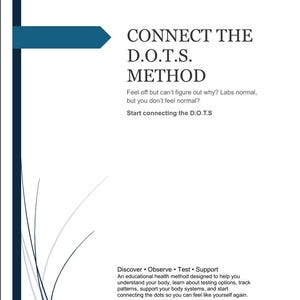 May include: A white background with the text "CONNECT THE D.O.T.S. METHOD" in black. The text is accompanied by a blue arrow and a dark blue vertical line. The text below reads "Feel off but can't figure out why? Labs normal, but you don't feel normal? Start connecting the D.O.T.S."