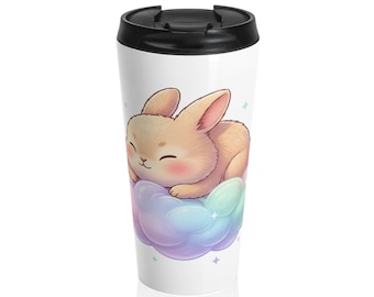 Rainbow Cotton Candy Nap Bunny | Kawaii Pastel Art Travel Mug