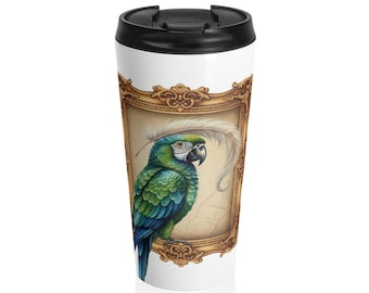 Elegant Parrot Watercolor Art Insulated Travel Mug | Vintage Botanical Bird Illustration | Nature Lover Gift