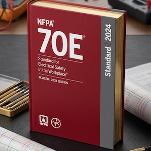 May include: A red book titled "NFPA 70E Standard for Electrical Safety in the Workplace" with gold-gilded edges. The cover displays the text "REVISED | 2024 EDITION" and the NFPA and NEC logos. The book is on a dark surface with tools and electrical testing equipment.