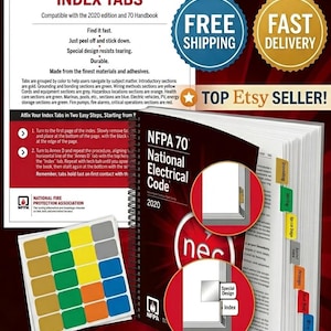 May include: NFPA 70 National Electrical Code 2020 Edition index tabs. The image shows a book with index tabs and a sheet of colored tabs. The tabs are color-coded for easy navigation. The text on the book reads "Index" and "Special Design".