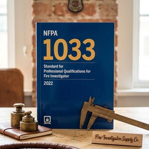 May include: A blue book titled "NFPA 1033 Standard for Professional Qualifications for Fire Investigator 2022" sits on a wooden surface. A brass caliper, weights, and a leather-bound notebook are nearby. A wooden sign reads "Fire Investigator Supply Co."