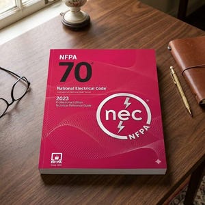 May include: A red and white book titled "NFPA 70 National Electrical Code 2023 Professional Edition Technical Reference Guide" sits on a wooden table. The book features the "nec" logo and is next to a pair of glasses, a pen, and a leather-bound notebook.
