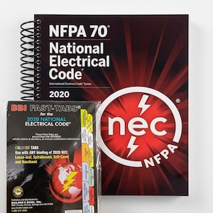 May include: A collection of electrical code resources, including a spiral-bound book titled "NFPA 70 National Electrical Code 2020" and a packet of "BBI FAST-TABS" for the 2020 National Electrical Code. The book cover is dark red with white text and a lightning bolt logo.