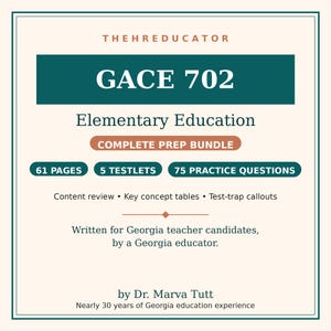 Peut inclure: Un guide d'étude numérique intitulé THEHREDUCATOR GACE 702 Elementary Education COMPLETE PREP BUNDLE. Il comprend 61 pages, 5 tests, 75 questions d'entraînement, des revues de contenu, des tableaux de concepts clés et des conseils par Dr. Marva Tutt.