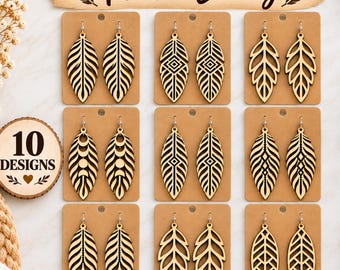 SVG-Bundle mit Federohrringen, 6 Boho-Schmuckdesigns zum Laserschneiden für Cricut, Glowforge und xTool, Ohrringvorlagen aus Holz, DXF- und PNG-Download