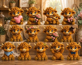 Hochlandrind-STL-Bundle mit 12 Posen, Kawaii-Valentinstags-Kuhfigur, 3D-Druckdatei, süßes Babykuh-Herz, Blume, Schleife, Bauernhausdeko, STL-Dateien
