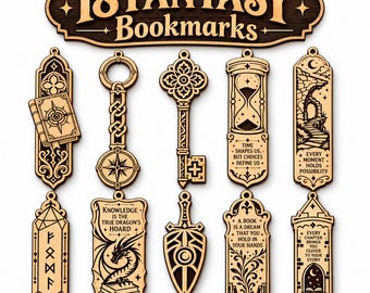 Paquete de marcapáginas de fantasía gótica en formato SVG, 18 diseños de marcapáginas de madera cortados con láser, plantillas de grabado, regalo para amantes de los libros, archivos SVG, PNG, JPG, DXF y EPS.