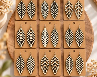 Paquete de archivos SVG para pendientes de plumas, 6 diseños de joyería boho cortados con láser para Cricut Glowforge xTool, plantillas de pendientes de madera, descarga en formato DXF y PNG.