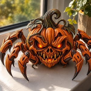 May include: A decorative orange pumpkin sculpture shaped like a spider with eight segmented legs, a carved face featuring sharp teeth, and glowing yellow eyes. The pumpkin has a textured green stem and leaves on top, with a dark, weathered finish.