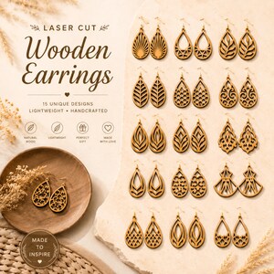 Puede incluir: Una colección de quince pares de pendientes de madera cortados con láser en varias formas de lágrima y patrones geométricos. El texto LASER CUT Wooden Earrings 15 UNIQUE DESIGNS LIGHTWEIGHT HANDCRAFTED es visible junto a iconos.