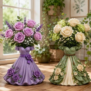 May include: Two decorative vases shaped like ball gowns, one in lavender and one in sage green, each featuring sculpted floral details on the skirt. The lavender vase holds purple roses and lavender sprigs, while the green vase holds cream roses.