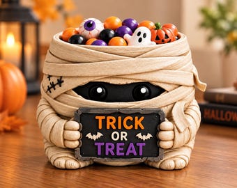 Mumien-Süßigkeitenschale (STL-Datei) – Halloween-Süßigkeitenhalter zum 3D-Drucken – Gruselige Leckerlischale mit Mumien-Dekoration – Süßes-oder-Saures-Schale (druckbare STL-Datei)