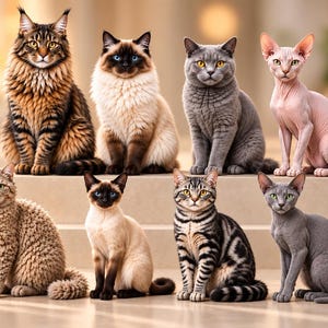 Könnte beinhalten: Eine Sammlung von acht Katzen verschiedener Rassen und Farben, darunter eine langhaarige Tabby-Katze, eine Siamkatze, eine einfarbig graue Katze, eine haarlose Sphynx-Katze, eine Katze mit lockigem Fell, eine Point-Katze, eine gestreifte Tabby-Katze.