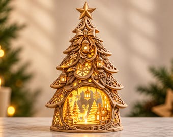 Weihnachtsbaumlaterne (STL-Datei), LED-Winterwaldlampe (3D-Druckdatei), Weihnachtsbeleuchtung, Weihnachtsbaum-Leuchtdekoration (digitaler Download)
