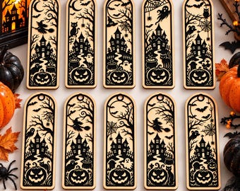 Paquete de 24 marcapáginas de Halloween en formato SVG, plantillas de corte láser de fantasmas, calabazas y murciélagos, archivos de regalo para amantes de los libros para Glowforge y Cricut, descarga digital.