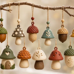 Può includere: Una collezione di undici ornamenti pendenti a forma di funghi e ghiande, appesi a un ramo tramite spago. Gli ornamenti presentano vari colori tra cui verde, marrone, rosso, giallo e crema, con dettagli intagliati come foglie, puntini e una porta.