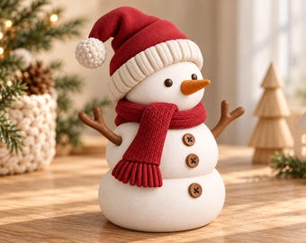 May include: A white snowman figurine featuring a red knit hat with a white pom-pom, a matching red knit scarf, and three brown buttons on its torso. The snowman has two brown branch-like arms and a small orange carrot-shaped nose.
