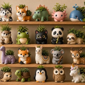 Puede incluir: Una colección de veinte macetas de resina con forma de animal dispuestas en cuatro estantes de madera. Cada figura tiene una parte superior hueca que contiene una pequeña planta suculenta verde. Los animales incluyen un husky, corgi, dinosaurio, ajolote, ballena, nutria, rana, gato, panda, perezoso, dinosaurio de cuello largo, zorro, llama, koala, ciervo, erizo, tortuga, pingüino, búho y unicornio.