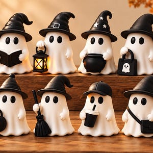 May include: A collection of eight white ghost figurines wearing black hats. Each ghost holds a different item, including a book, a glowing lantern, a cauldron, a tote bag, a jack-o'-lantern bucket, a broom, a coffee cup, and a small shoulder bag.