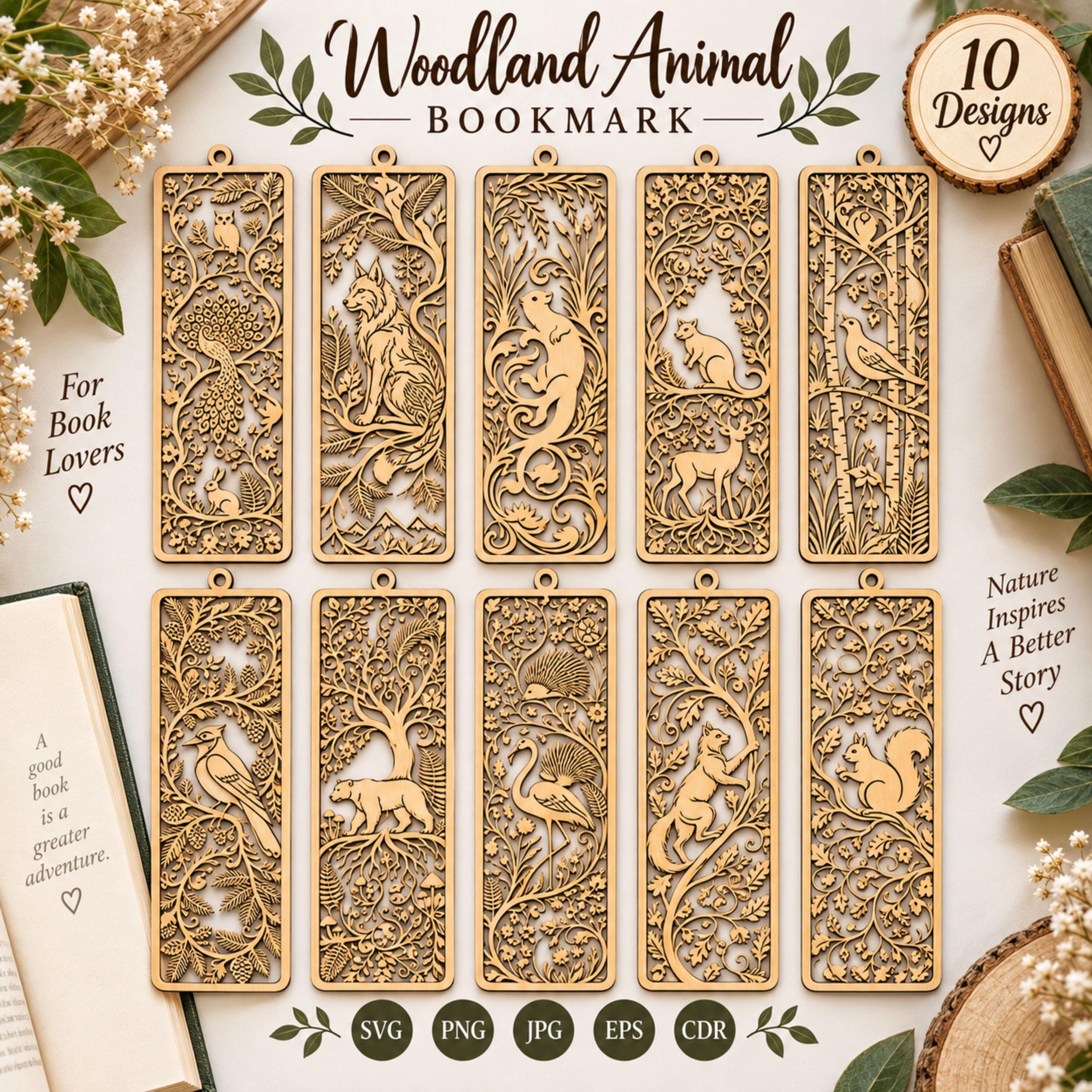 Laser Cut Woodland Animal Bookmark SVG, Owl Deer Bear Bird Designs, Wooden Bookmark Files, Book Love