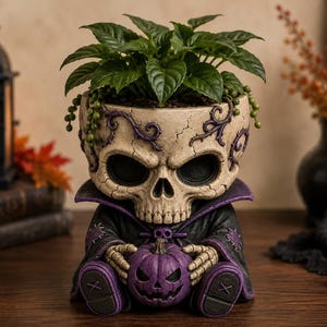 May include: A skull-shaped planter with a cracked beige surface and purple vine details. The skull wears a black cape with a purple collar and holds a small purple jack-o'-lantern. A green leafy plant grows from the top of the skull.