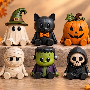Könnte beinhalten: Ein Set aus sechs kleinen Halloween-Figuren, bestehend aus einem Geist mit grünem Hut, einer schwarzen Katze mit orangefarbener Schleife, einem Kürbis, einer Mumie, einem grünen Monster mit Schrauben und einem Skelett mit schwarzer Kapuze.