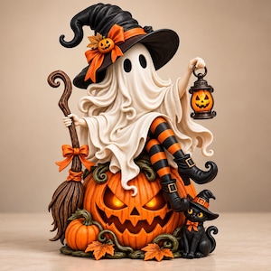May include: A decorative figurine featuring a white ghost wearing a black witch hat with an orange bow and pumpkin accent. The ghost holds a lantern and a broom, sitting atop a large orange jack-o'-lantern with a black cat wearing a hat nearby.