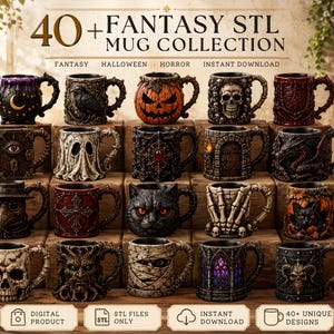 Könnte beinhalten: Eine Sammlung von über 40 Fantasy-Tassen mit komplexen 3D-Designs, darunter Totenköpfe, Kürbisse, Geister, Drachen und gotische Architektur. Das Bild zeigt verschiedene texturierte Gefäße mit detaillierten Schnitzereien als digitale STL-Dateien.