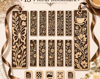 SVG-Bundle mit floralen Lesezeichen, Vorlagen für botanische Blumen-Laserschnitte aus Holz, Geschenkideen für Buchliebhaber (Glowforge xTool DXF), digitaler Download