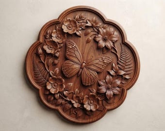 Schmetterlings-Blumenrelief (STL-Datei), CNC-Holzschnitzdatei, elegantes Blumen-Wanddekor (3D-Modell), Schmetterlingsgravur-Design (digitaler Download)