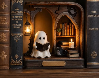 Rincón de lectura fantasmal STL, inserto de estantería de biblioteca espeluznante, decoración de sujetalibros de fantasmas de Halloween, diorama de estantería para impresión 3D (archivo STL)