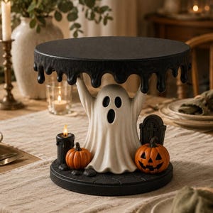 Puede incluir: Un soporte para pasteles negro con un diseño de borde que gotea, sostenido por una figura de fantasma blanco. La base presenta una pequeña vela negra, dos calabazas naranjas y una lápida. El fantasma tiene una expresión de sorpresa.