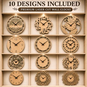 May include: A display shelf featuring 10 laser-cut wooden wall clocks with various designs, including a tree of life, a world map, floral patterns, and geometric shapes. The text 10 DESIGNS INCLUDED PREMIUM LASER CUT WALL CLOCKS is at the top.