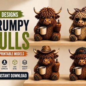 Grumpy Bull STL-paket | Roliga ilskna tjuren 3D-utskriftsfiler | Höglandsko-figur STL | Dekor med bondgårdsdjur | 4 designer | Ladda ner