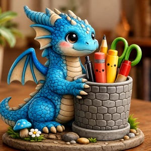 Könnte beinhalten: Eine blaue Drachenfigur mit cremefarbenen Schuppen und rosa Wangen steht neben einem grauen Stiftehalter in Steinoptik. Der Halter enthält einen schwarzen Stift, einen roten Stift, einen gelben Marker und eine grüne Schere. Ein kleiner blauer Pilz und eine weiße Blume befinden sich am Sockel.